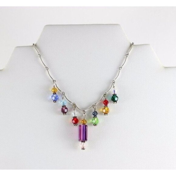 Sterling Silver Beaded Multi Color Necklace 16 inch Chain - Picture 5 of 10